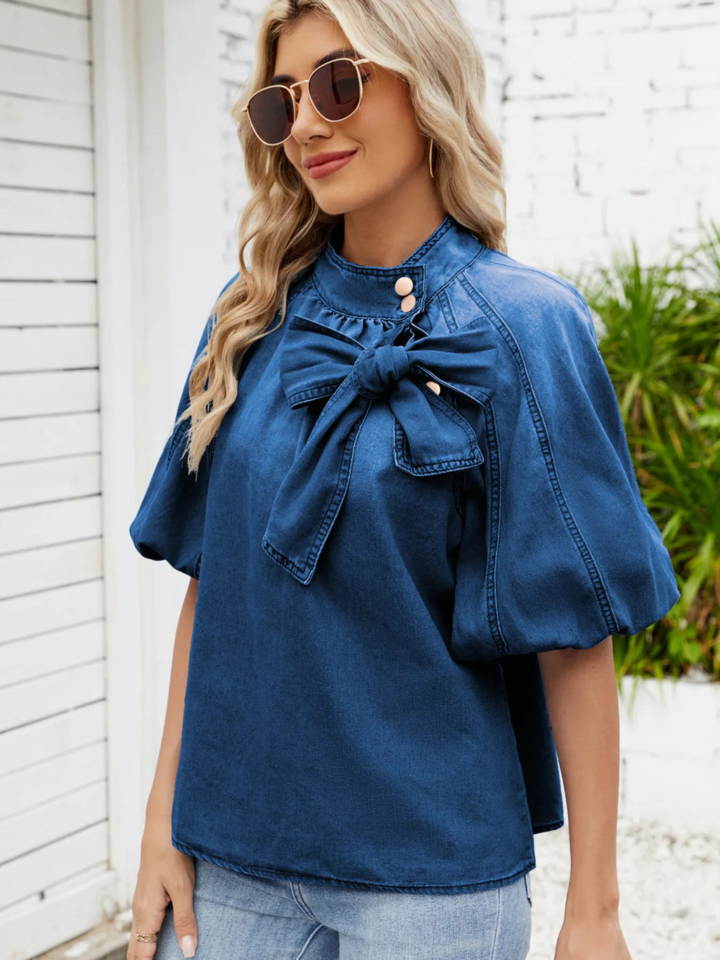 Denim Bow Tie Puff Sleeve Top