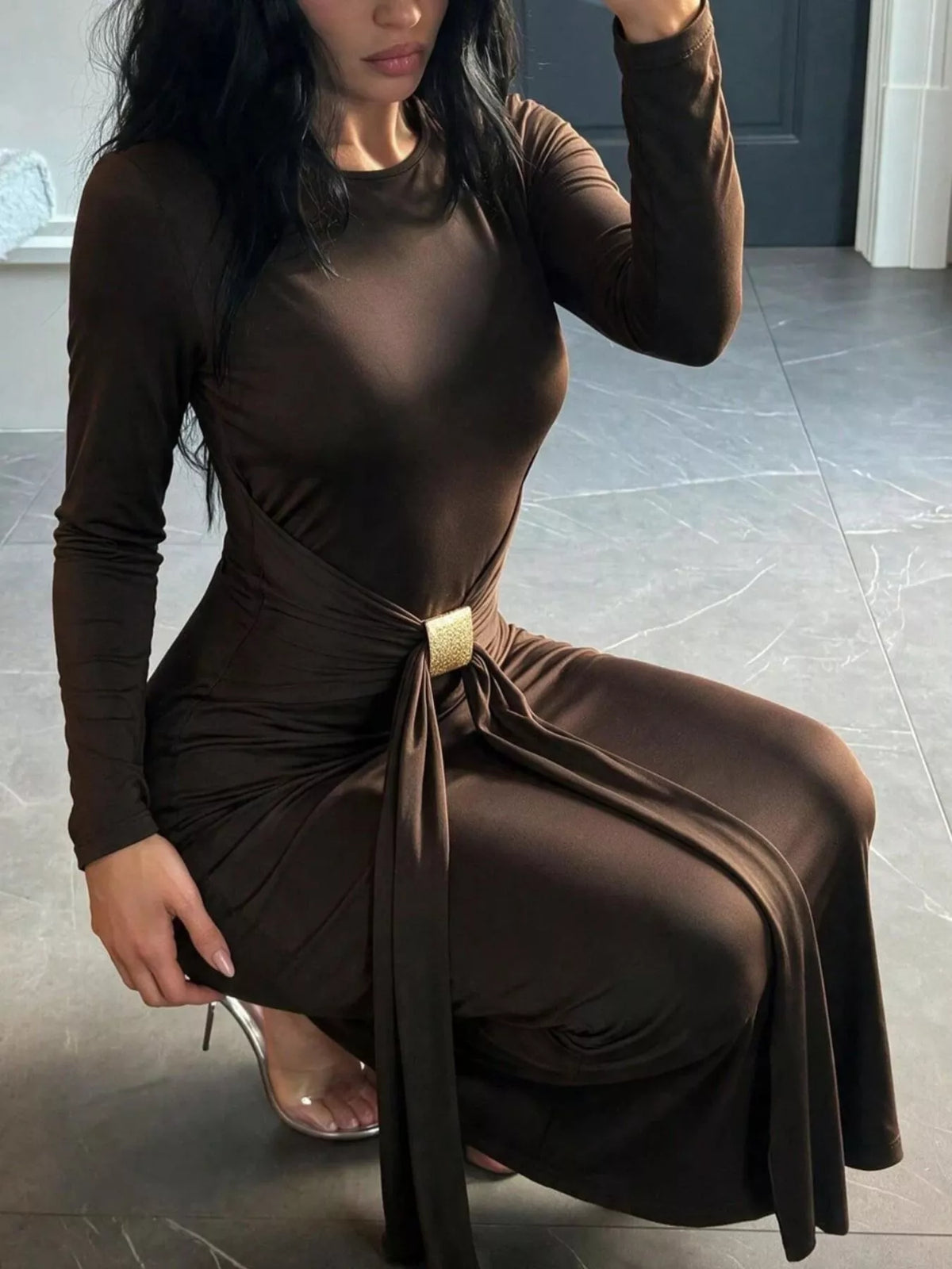 Backless Long-Sleeve Bodycon Maxi Dress with Gold-Tone Waist Buckle