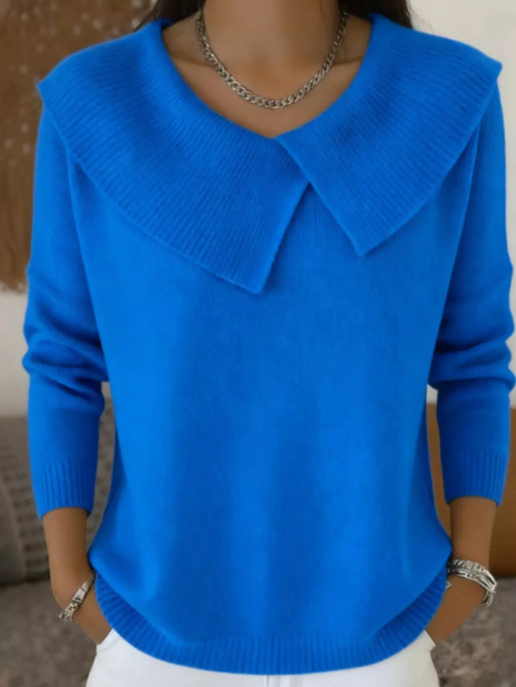 Full Size Wide-Collar Ribbed Knit Sweater Plus Size