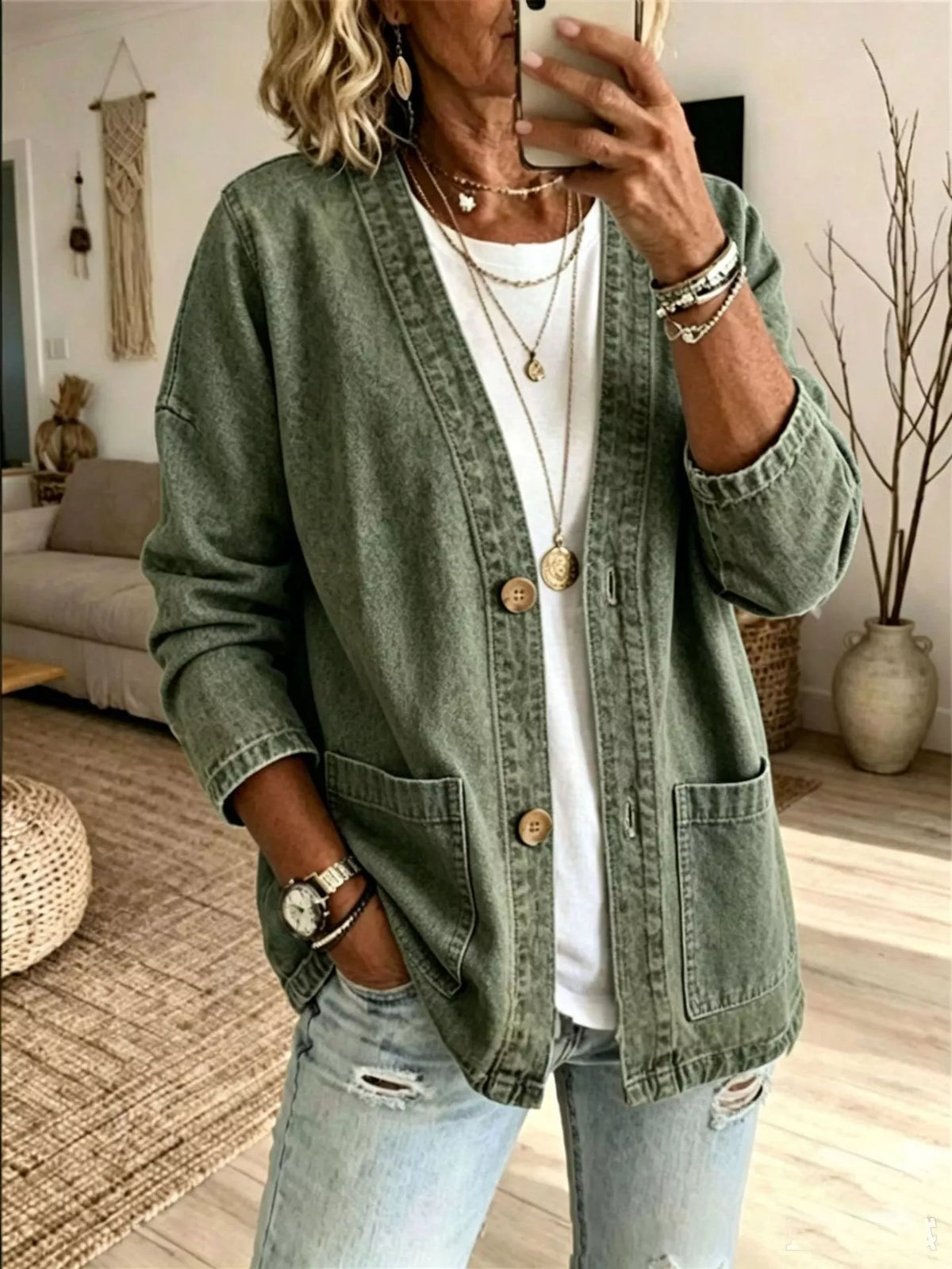 V-Neck Button-Down Denim Jacket