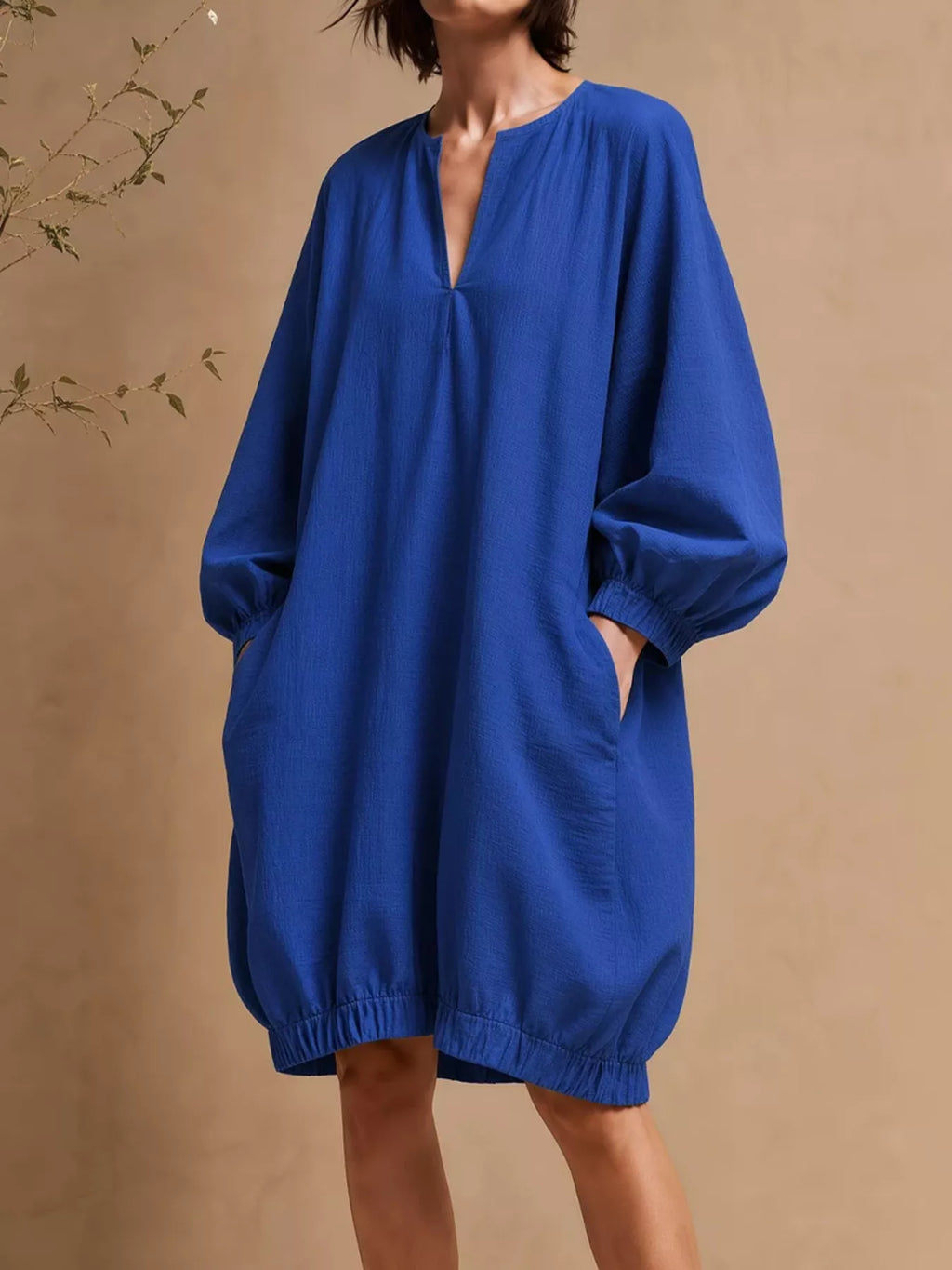 Casual Loose-Fit Balloon Sleeve Mini Dress with Pockets