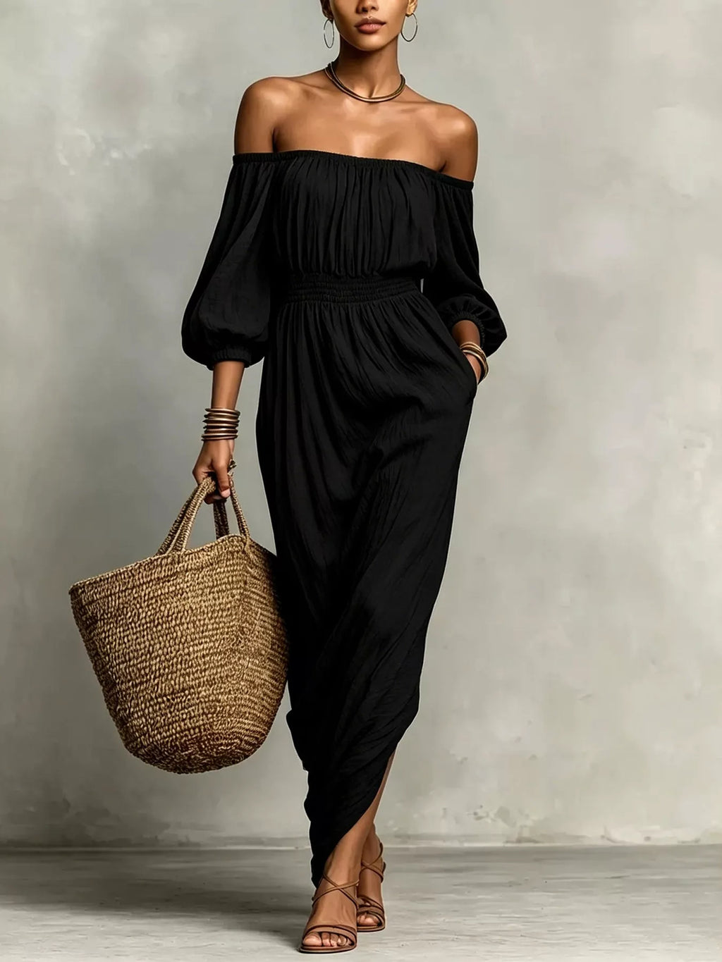 t Off-Shoulder Smocked Waist Maxi Dress