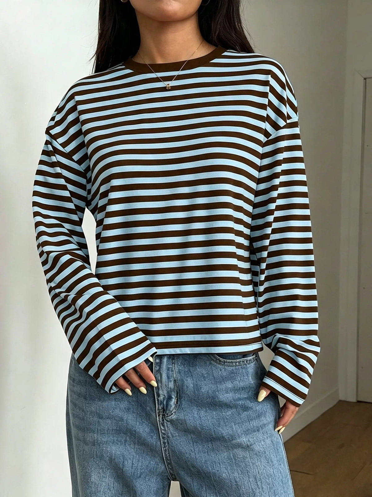 Full Size Casual Long-Sleeve Striped Crew Neck T-Shirt Plus Size