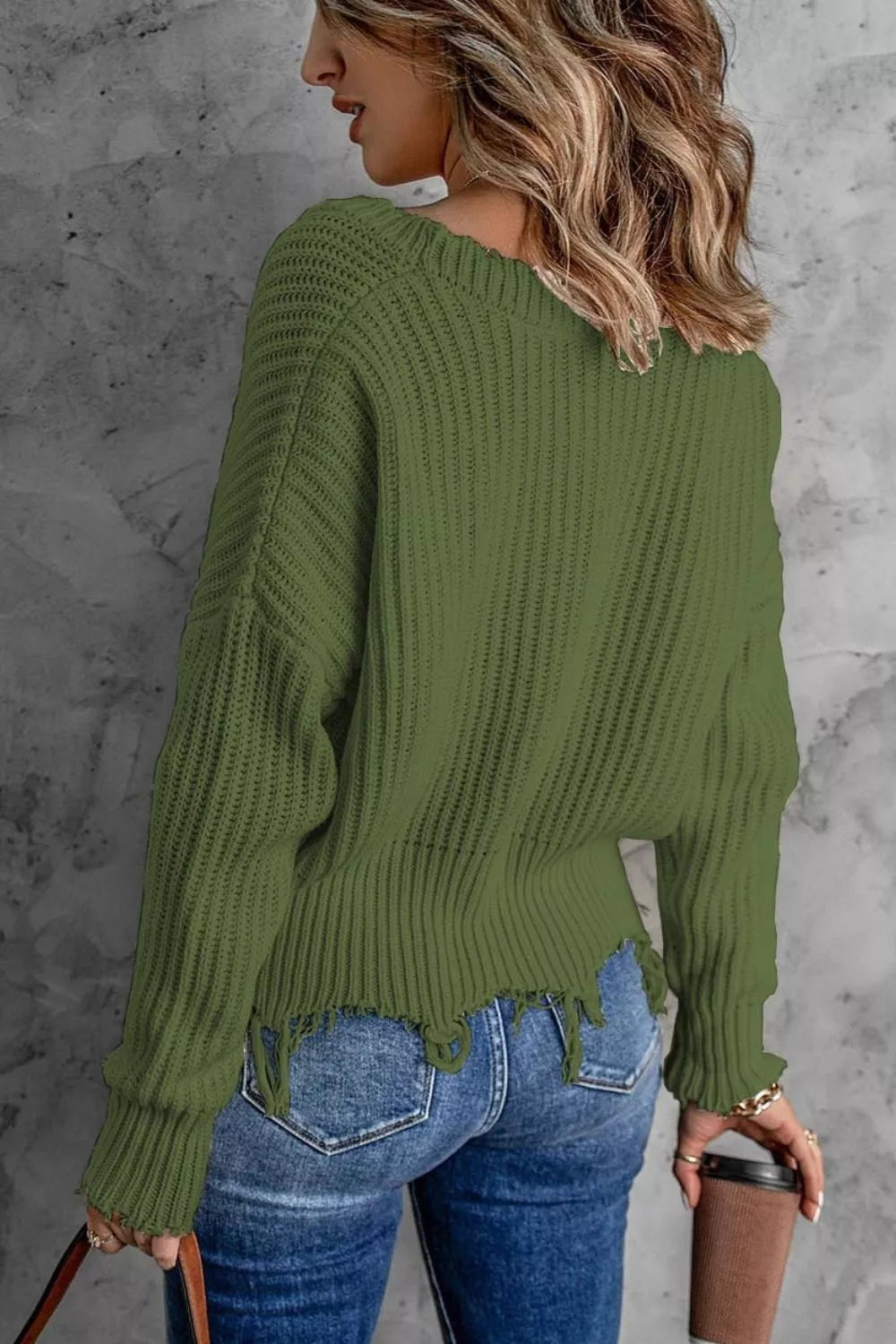 Full Size Raw Hem V-Neck Sweater Plus Size