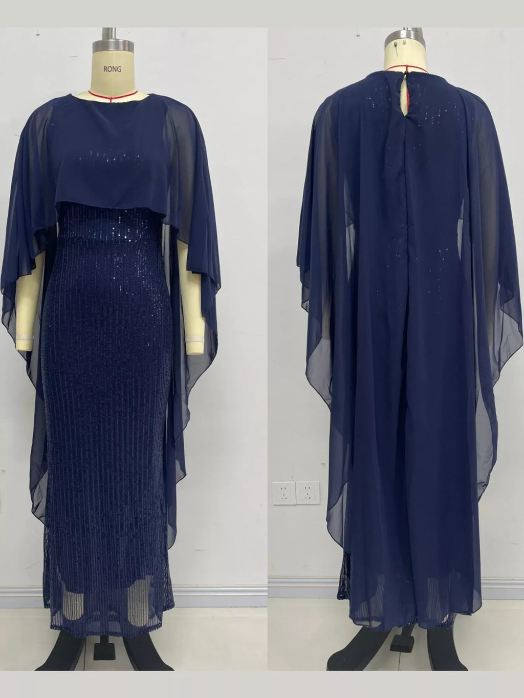 Sequin Cape Overlay Evening Dress