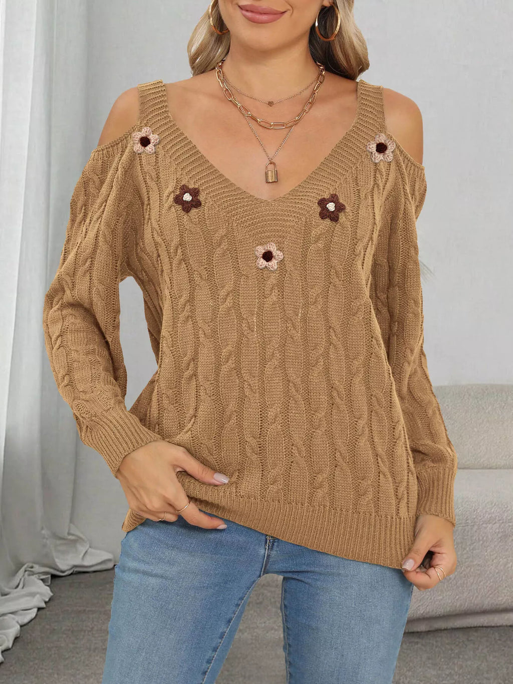 Floral Applique Cold Shoulder Cable Knit Sweater
