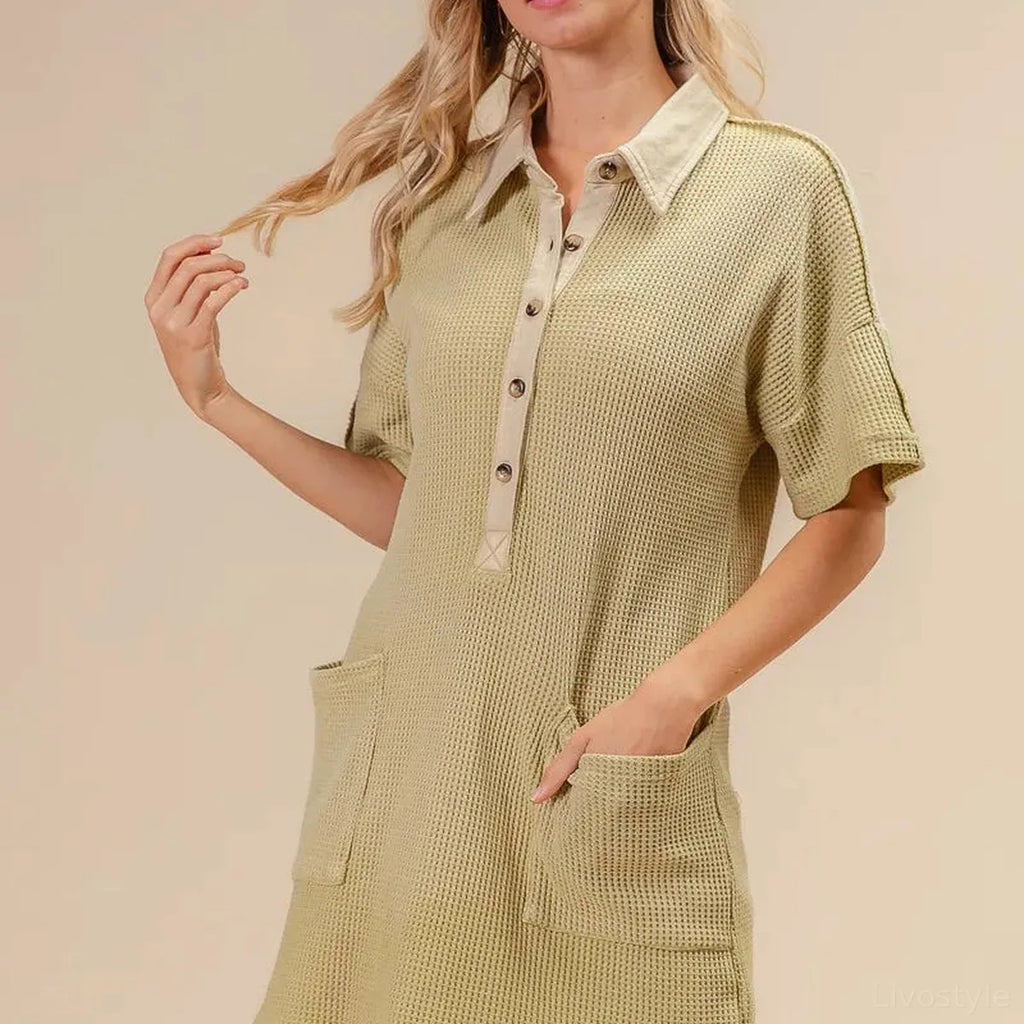 Dip Dye Mineral Washed Waffle Knit Shirt Dress with Pockets