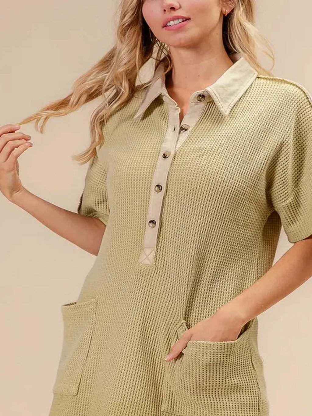 Dip Dye Mineral Washed Waffle Knit Shirt Dress with Pockets