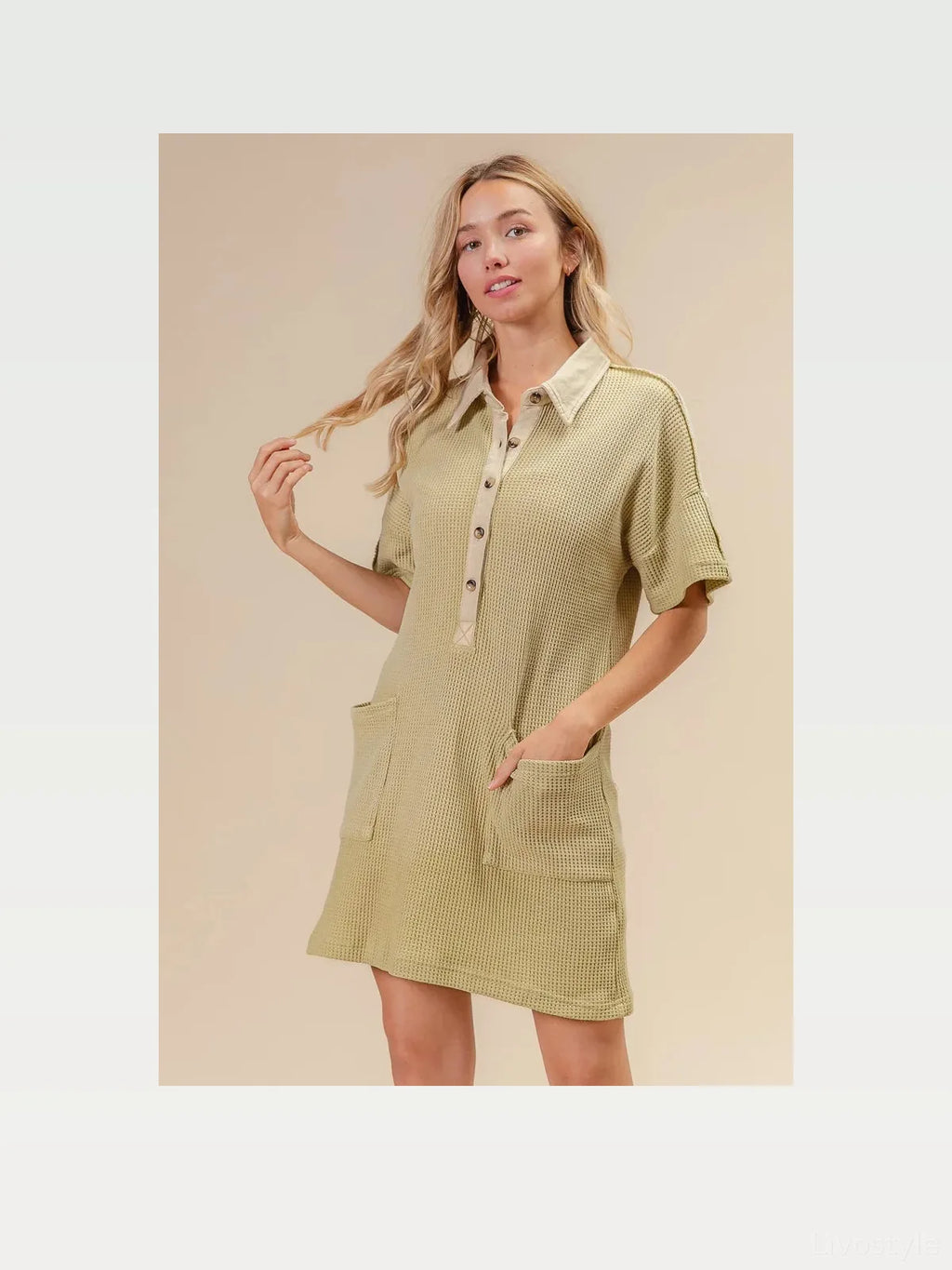 Dip Dye Mineral Washed Waffle Knit Shirt Dress with Pockets