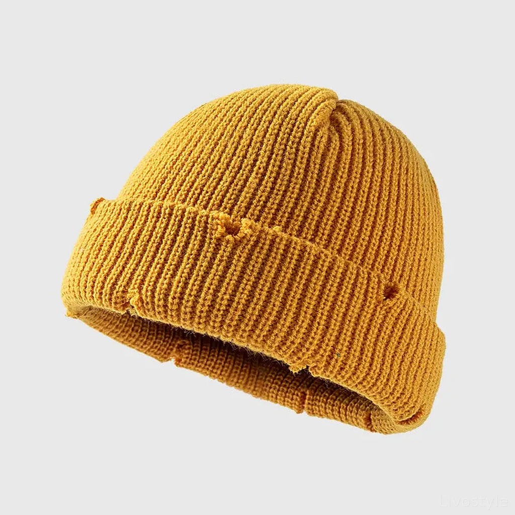 Distressed Cuffed Ribbed Knit Beanie