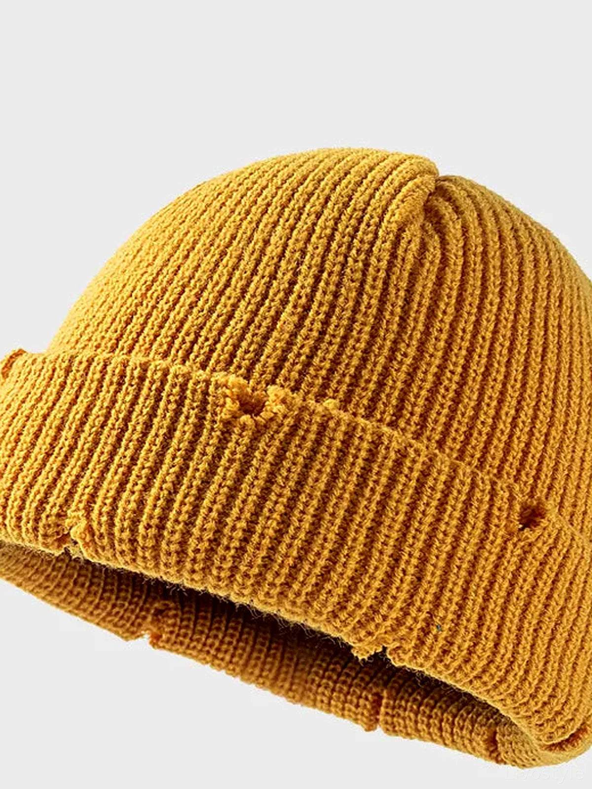 Distressed Cuffed Ribbed Knit Beanie