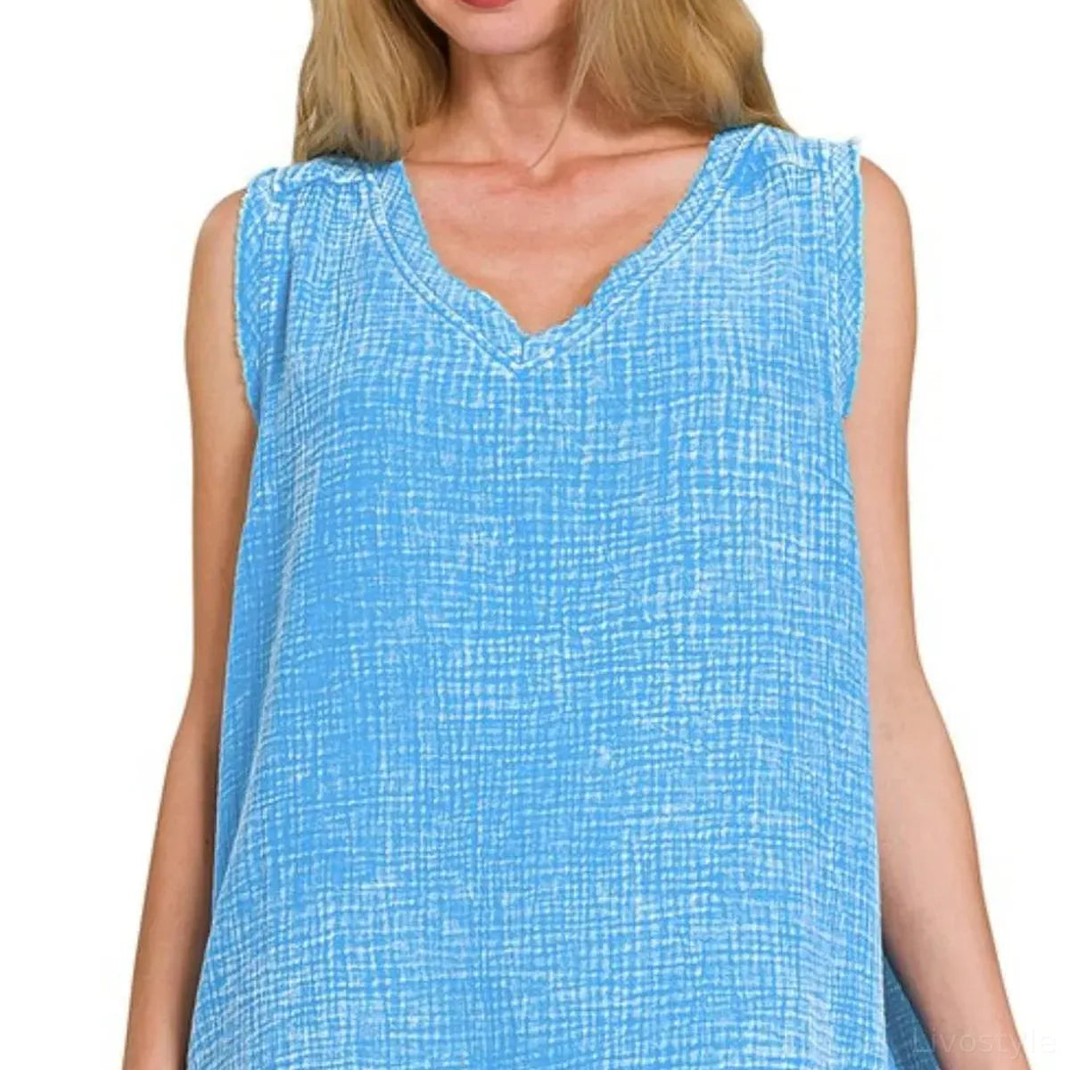 Double Gauze Raw Edge Acid Washed Tank Top in Deep Sky