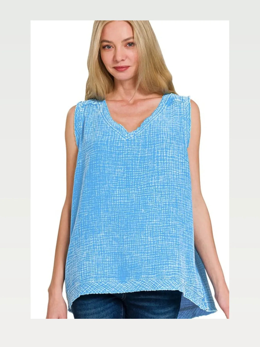 Double Gauze Raw Edge Acid Washed Tank Top in Deep Sky