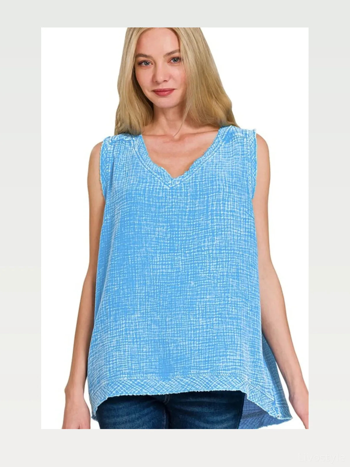 Double Gauze Raw Edge Acid Washed Tank Top in Deep Sky