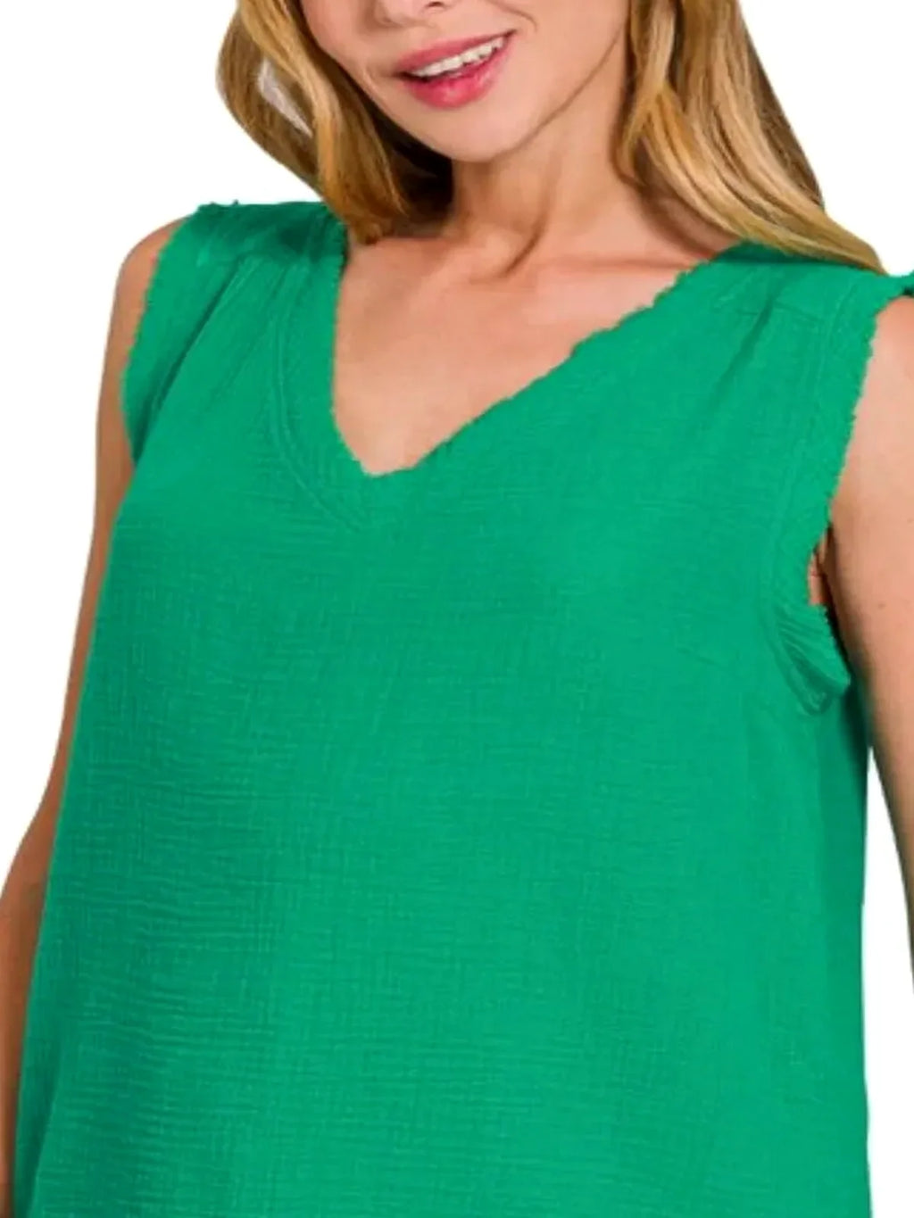 Green Double Gauze Raw Edge V-Neck Tank Top