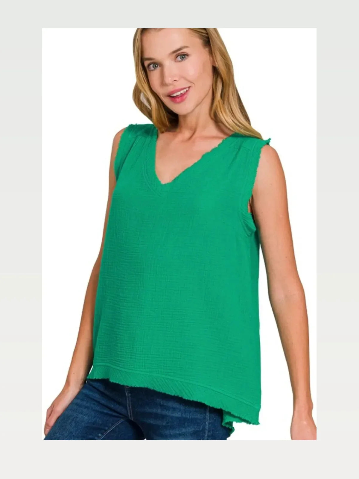 Green Double Gauze Raw Edge V-Neck Tank Top