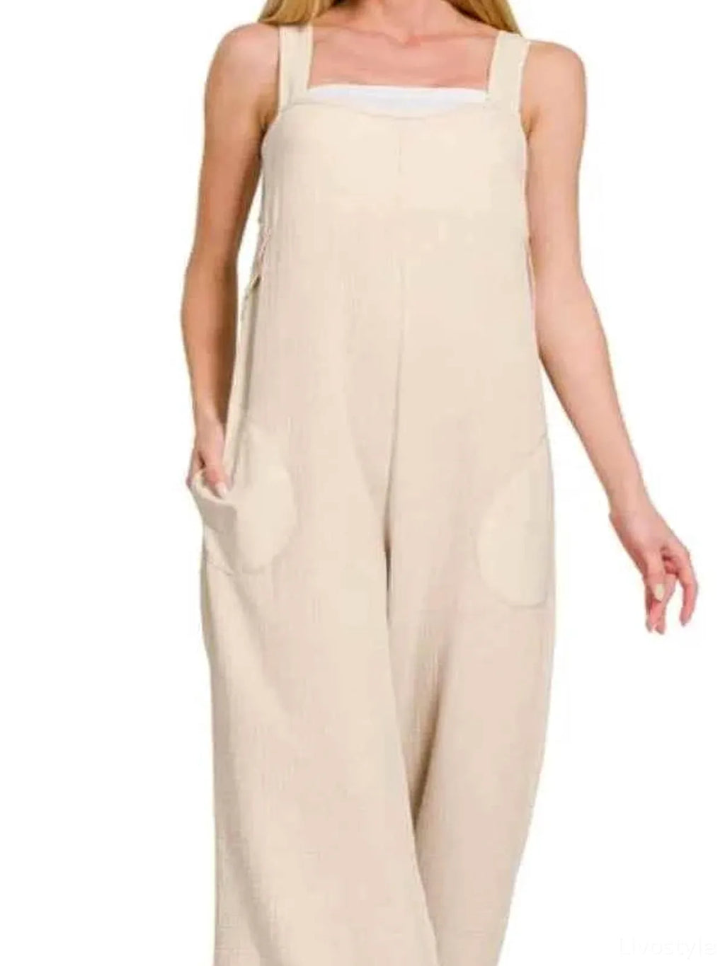 Double Gauze Washed Wide Leg Overalls with Pockets