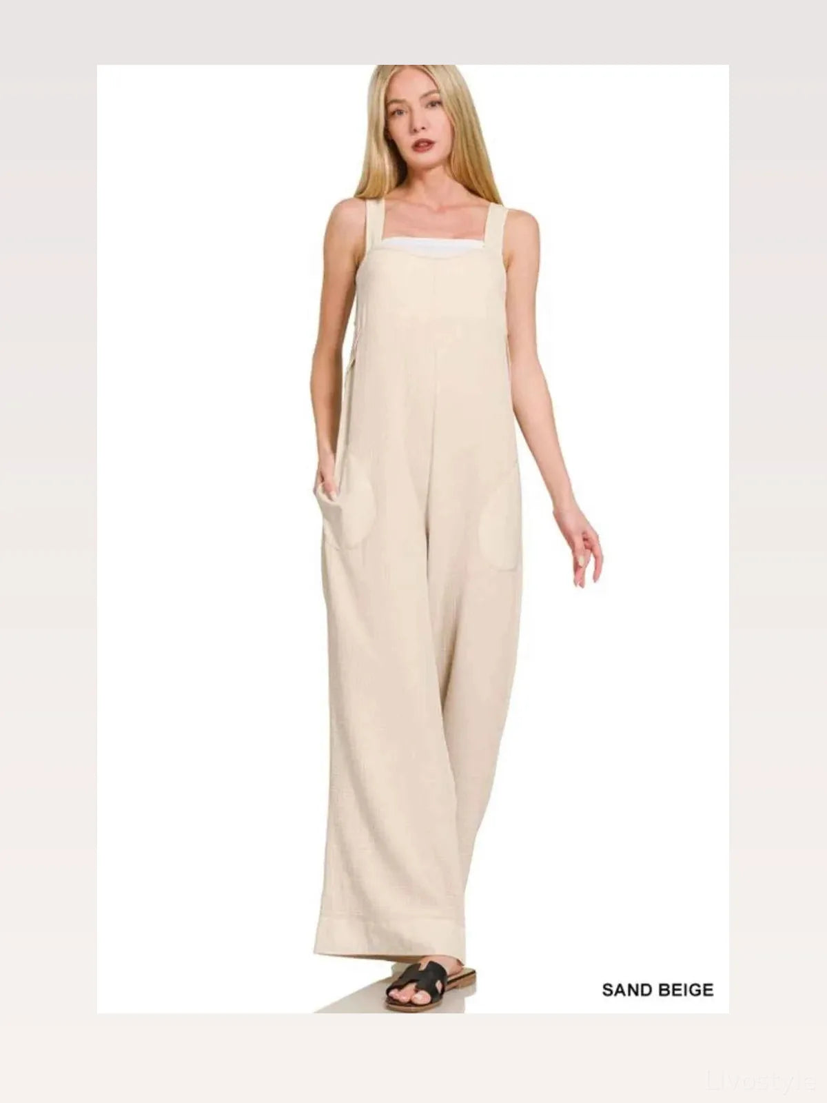 Double Gauze Washed Wide Leg Overalls with Pockets