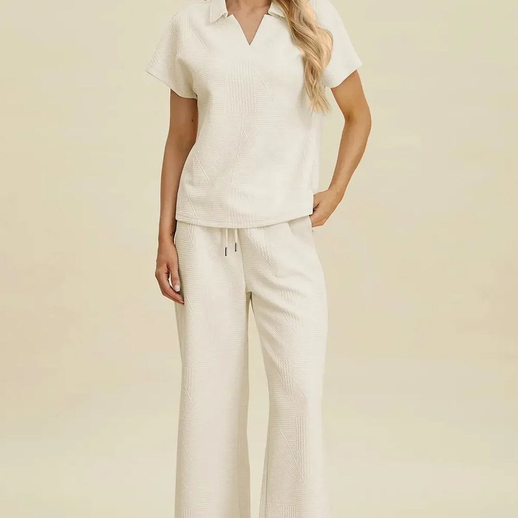 Collared Neck Short Sleeve Top and Pants Set