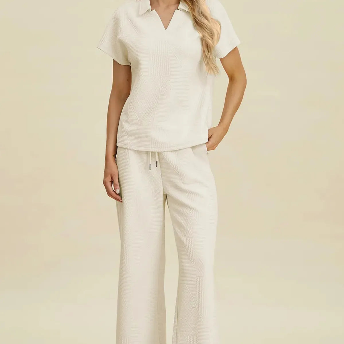 Collared Neck Short Sleeve Top and Pants Set