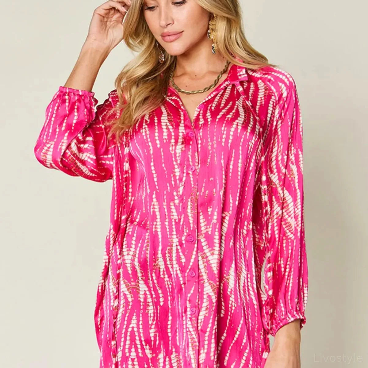 Printed Collared Button-Up Long Sleeve Shirt – Plus Size