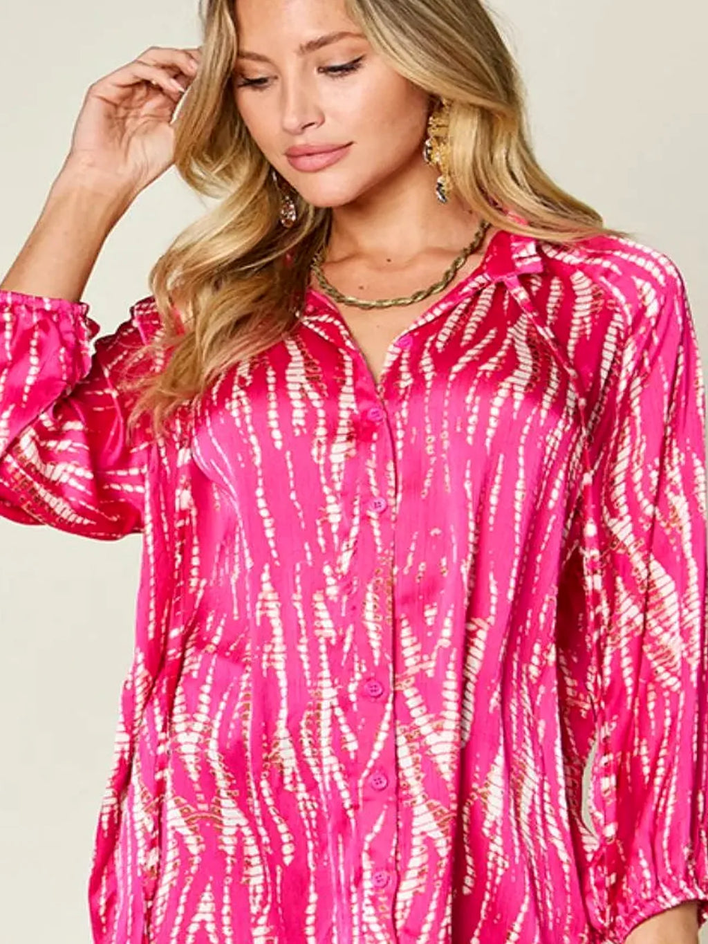 Printed Collared Button-Up Long Sleeve Shirt – Plus Size