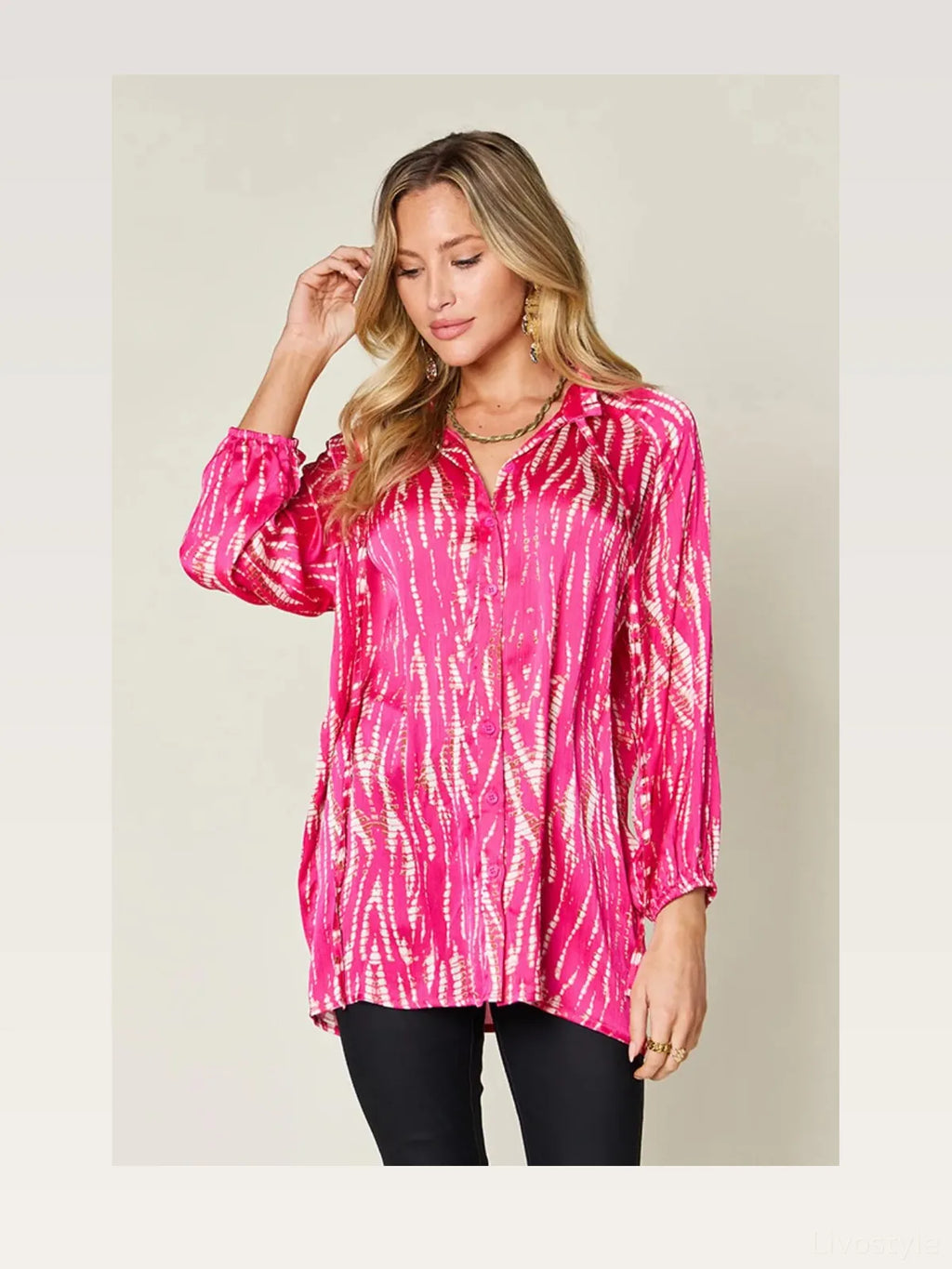 Printed Collared Button-Up Long Sleeve Shirt – Plus Size