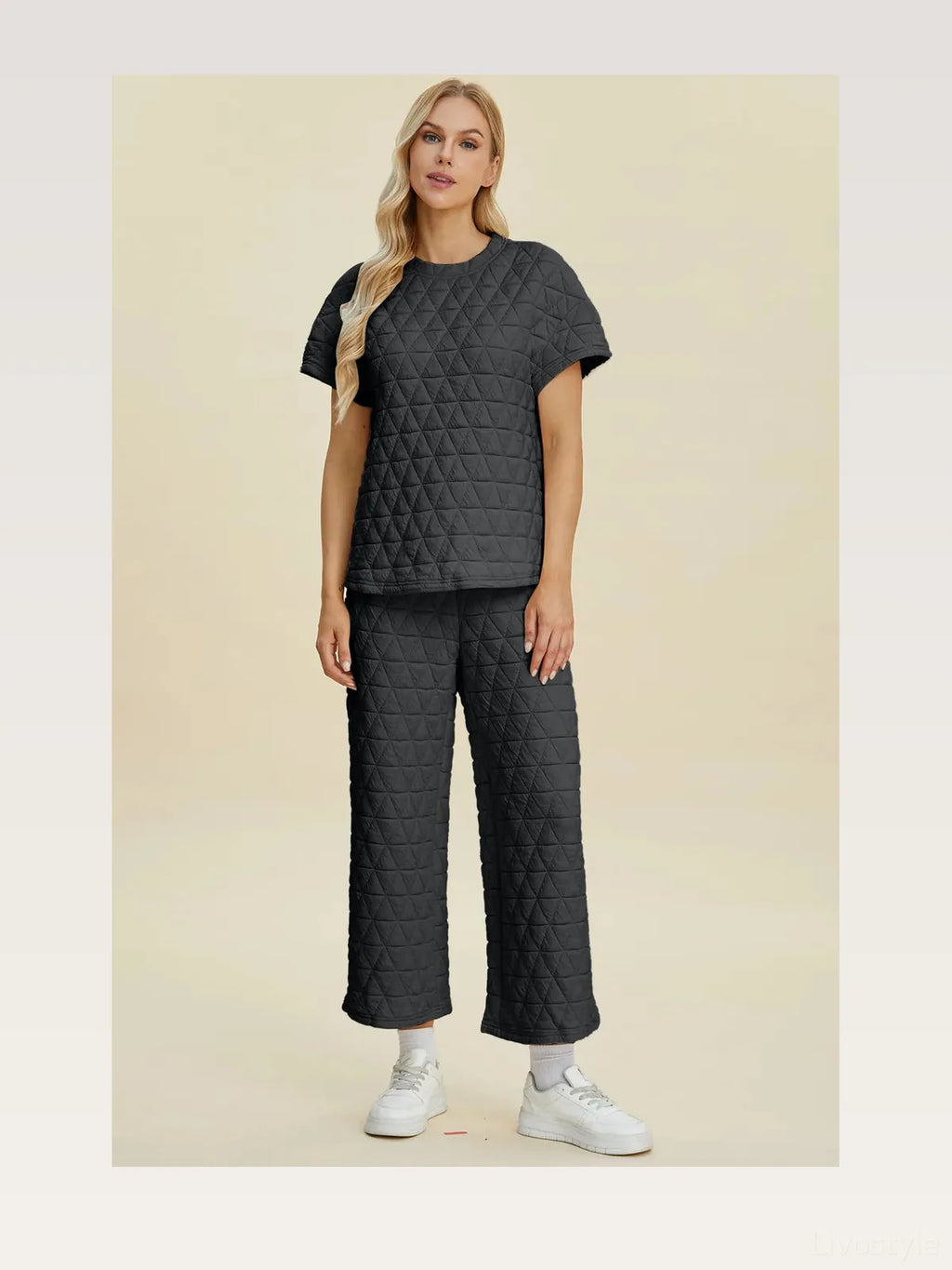 Texture Round Neck Short Sleeve Top and Pants Set