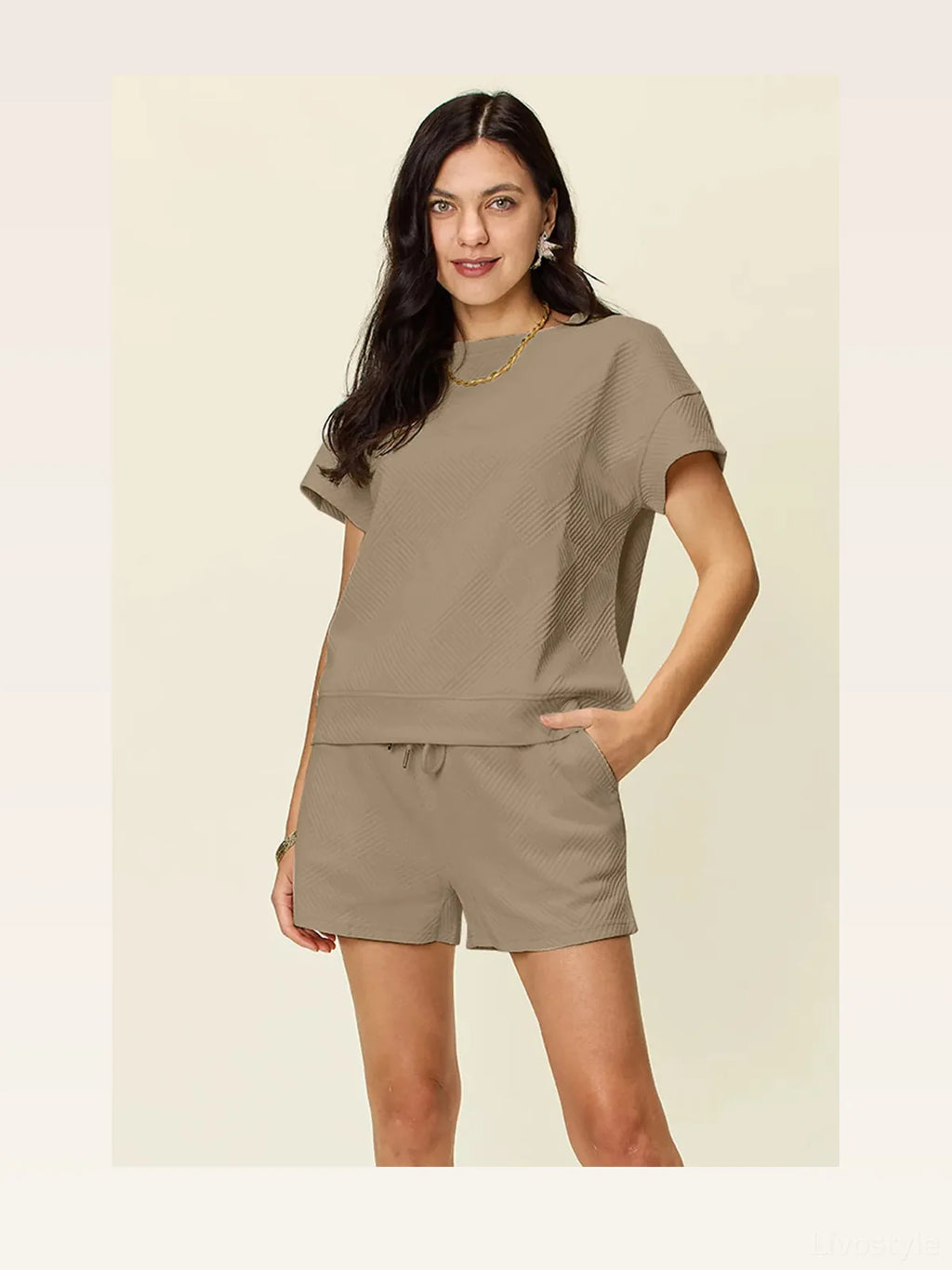 Textured Short Sleeve T-Shirt and Drawstring Shorts Set