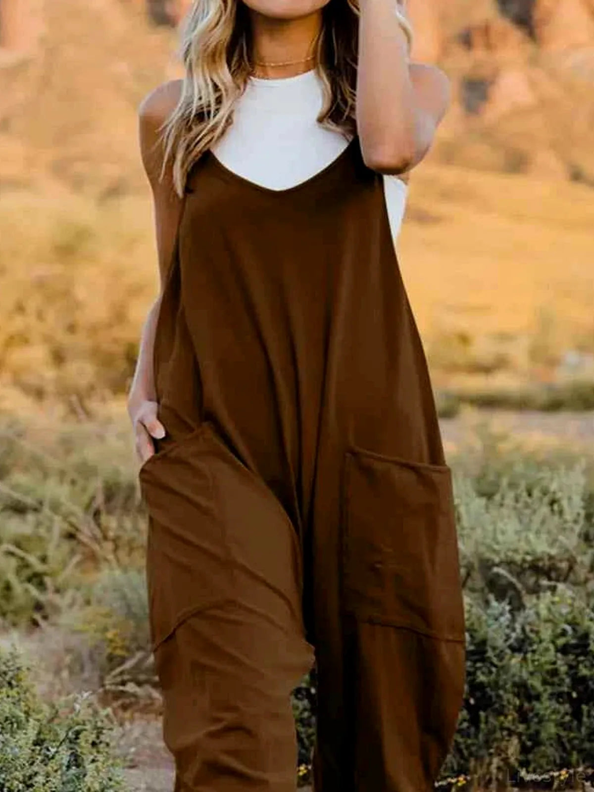 V-Neck Sleeveless Stretch Jumpsuit with Side Pockets