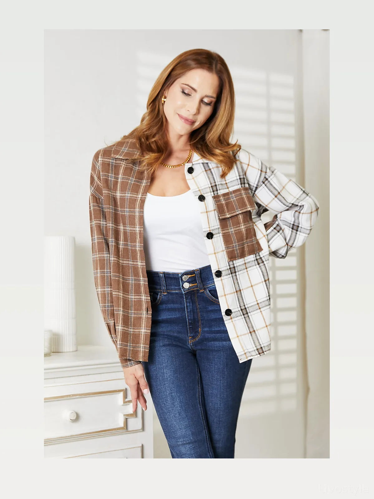 Plaid Contrast Button Up Shirt Jacket with Dropped Shoulders