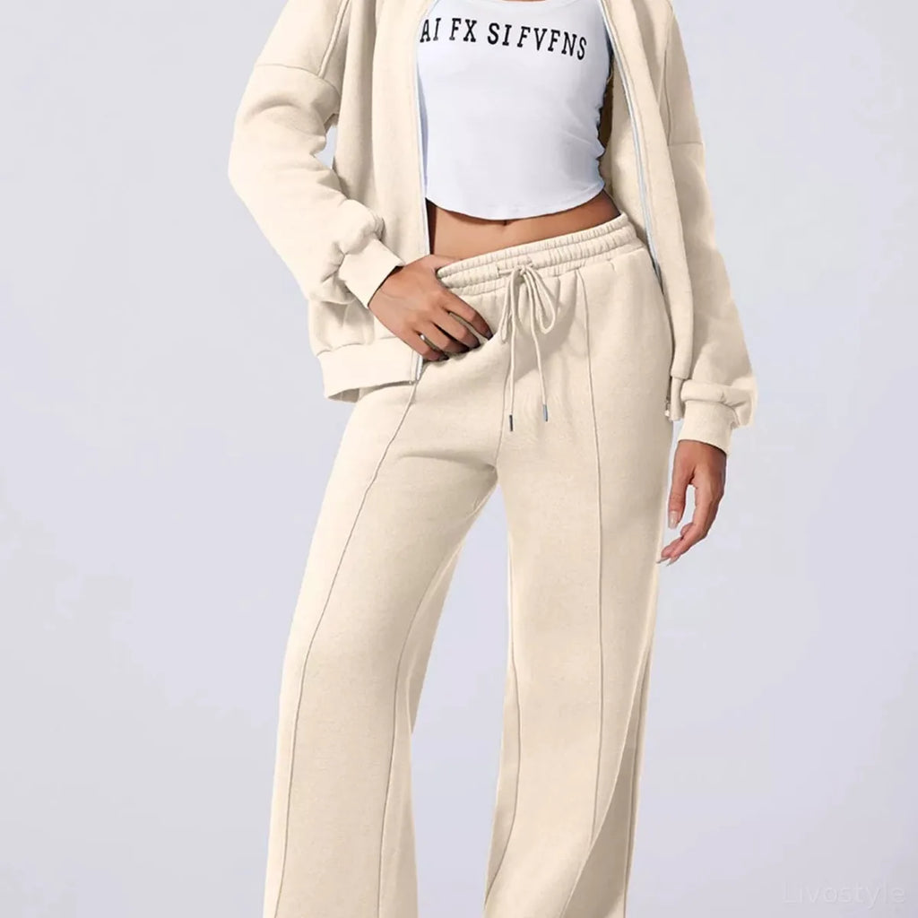 Drop Shoulder Zip-Up Jacket and Drawstring Pants Active Set