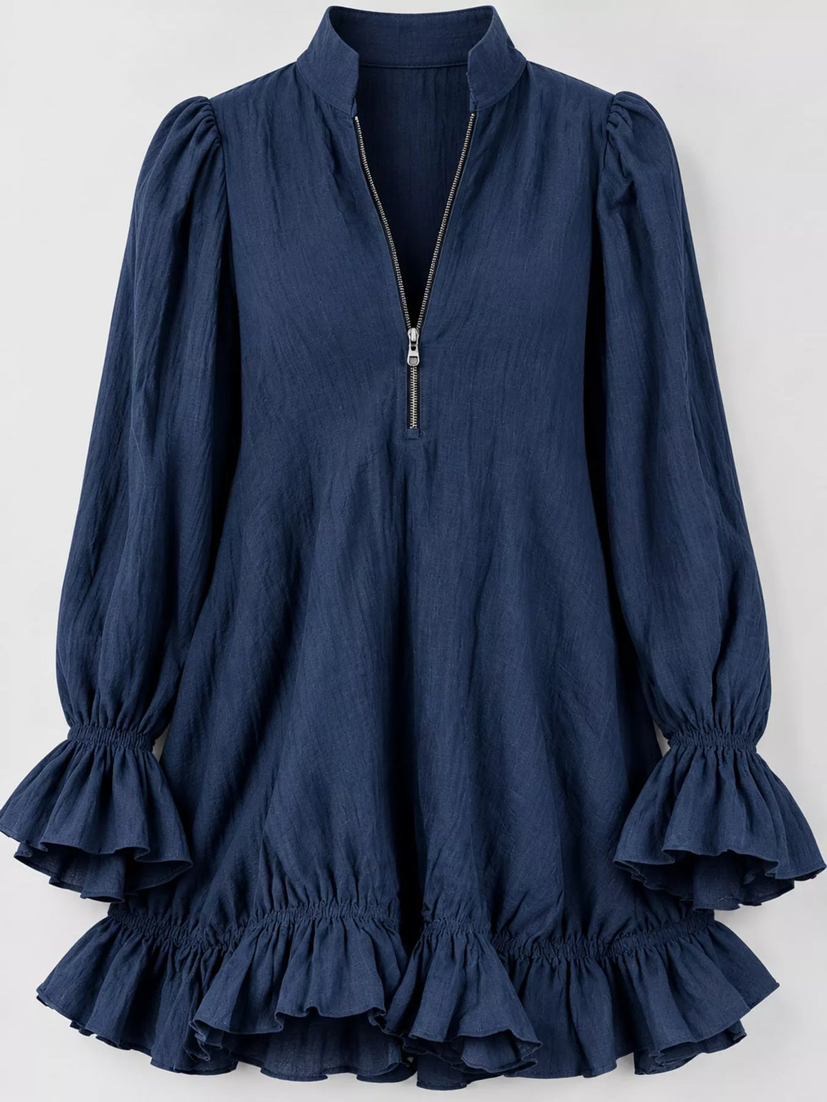 Zipper-Front Ruffle Hem Mini Dress