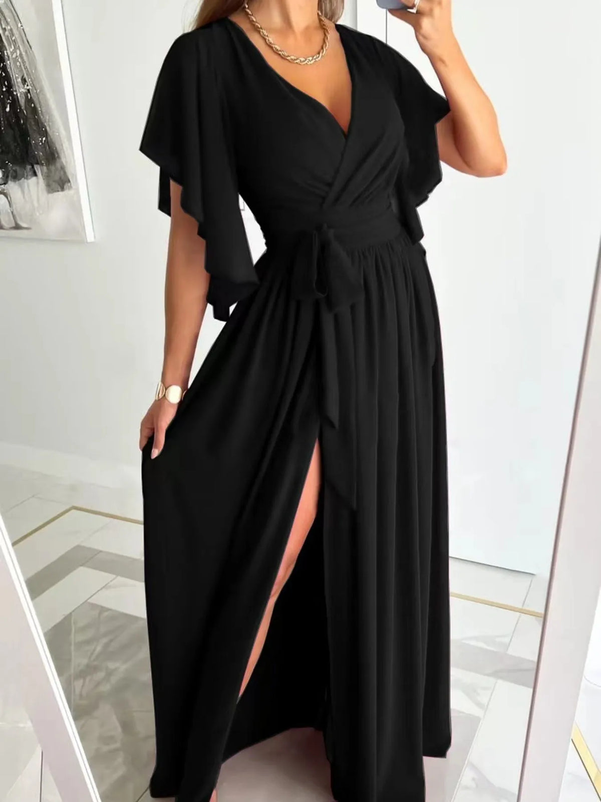 Flutter Sleeve Surplice Tie Waist Dress
