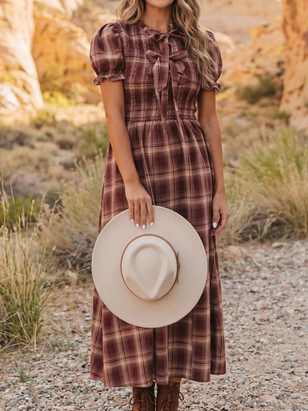 Plaid Knot Front Smocked High Waist Midi Dress