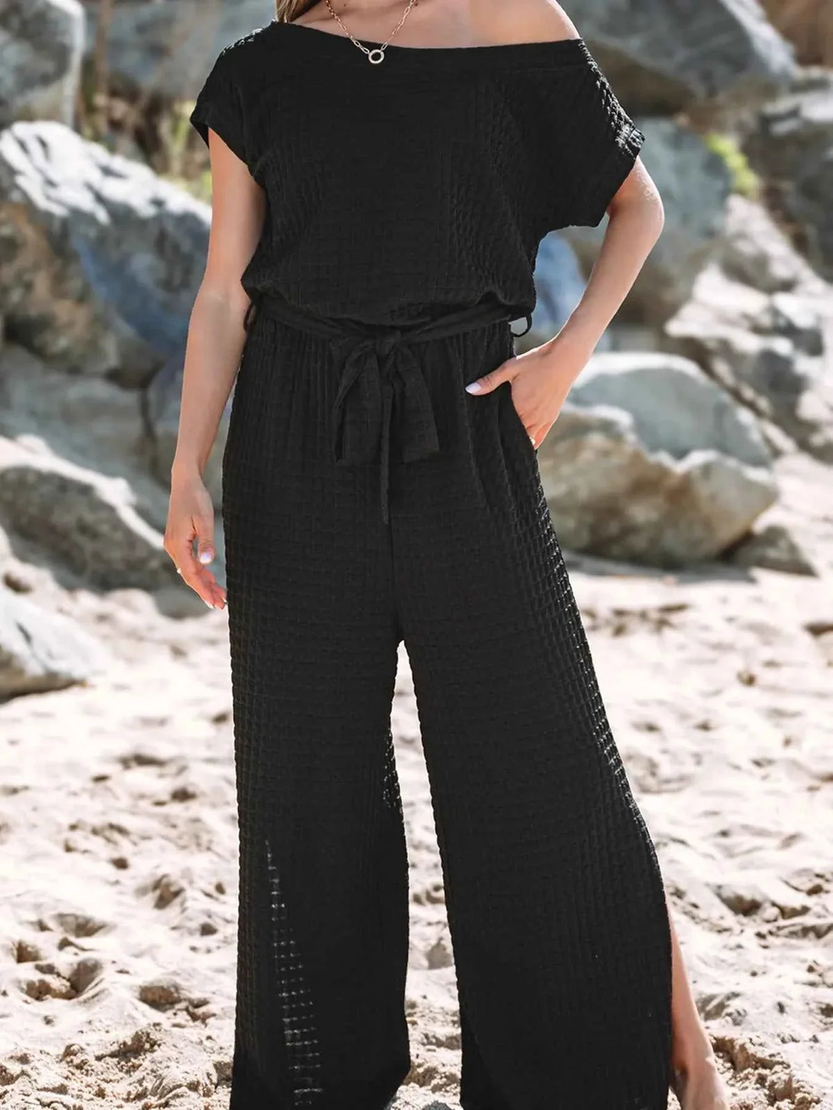 One-Shoulder Short Sleeve Knotted Waist Jumpsuit