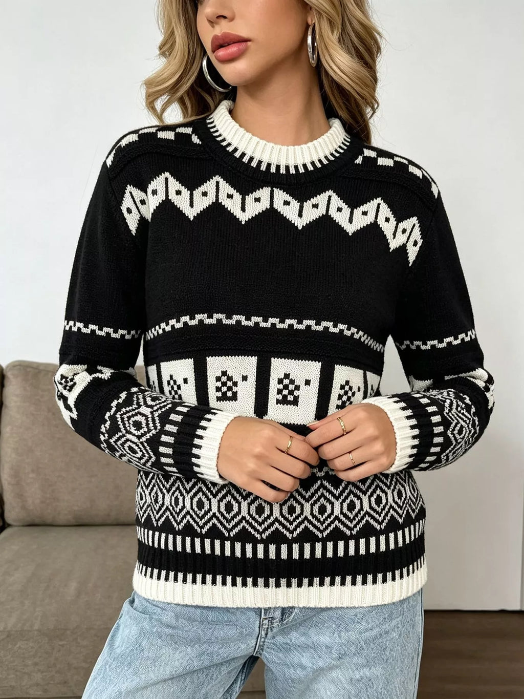 Christmas Festive Fair Isle Patterned Crew Neck Sweater
