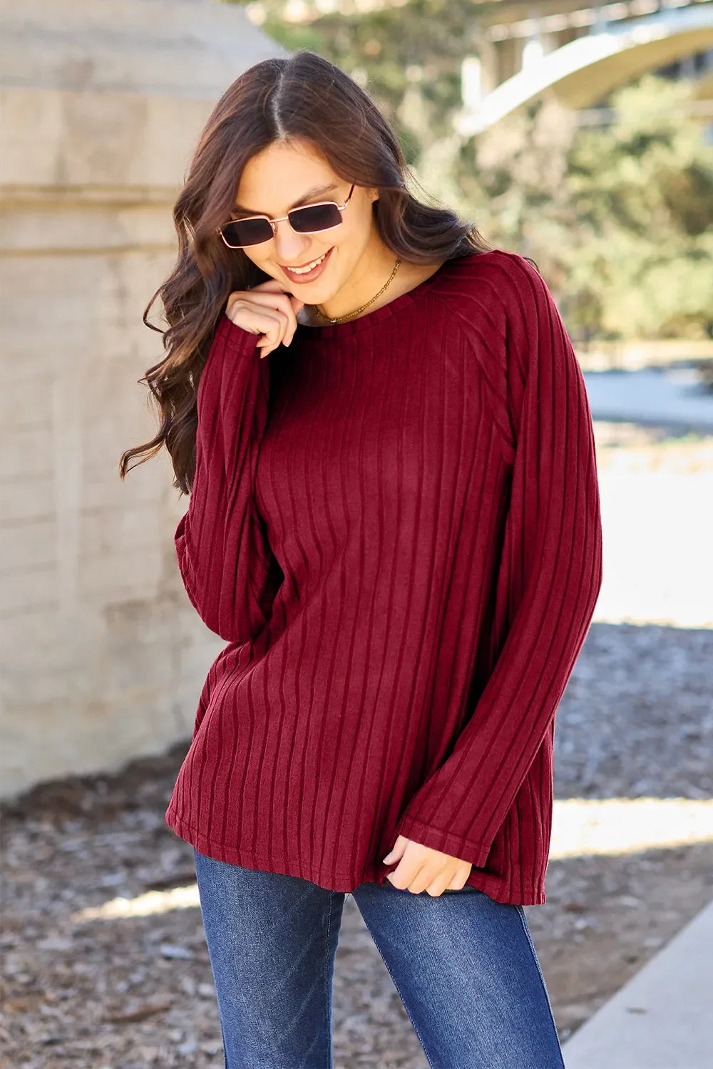 Ribbed Knit Long Sleeve Top with Round Neck
