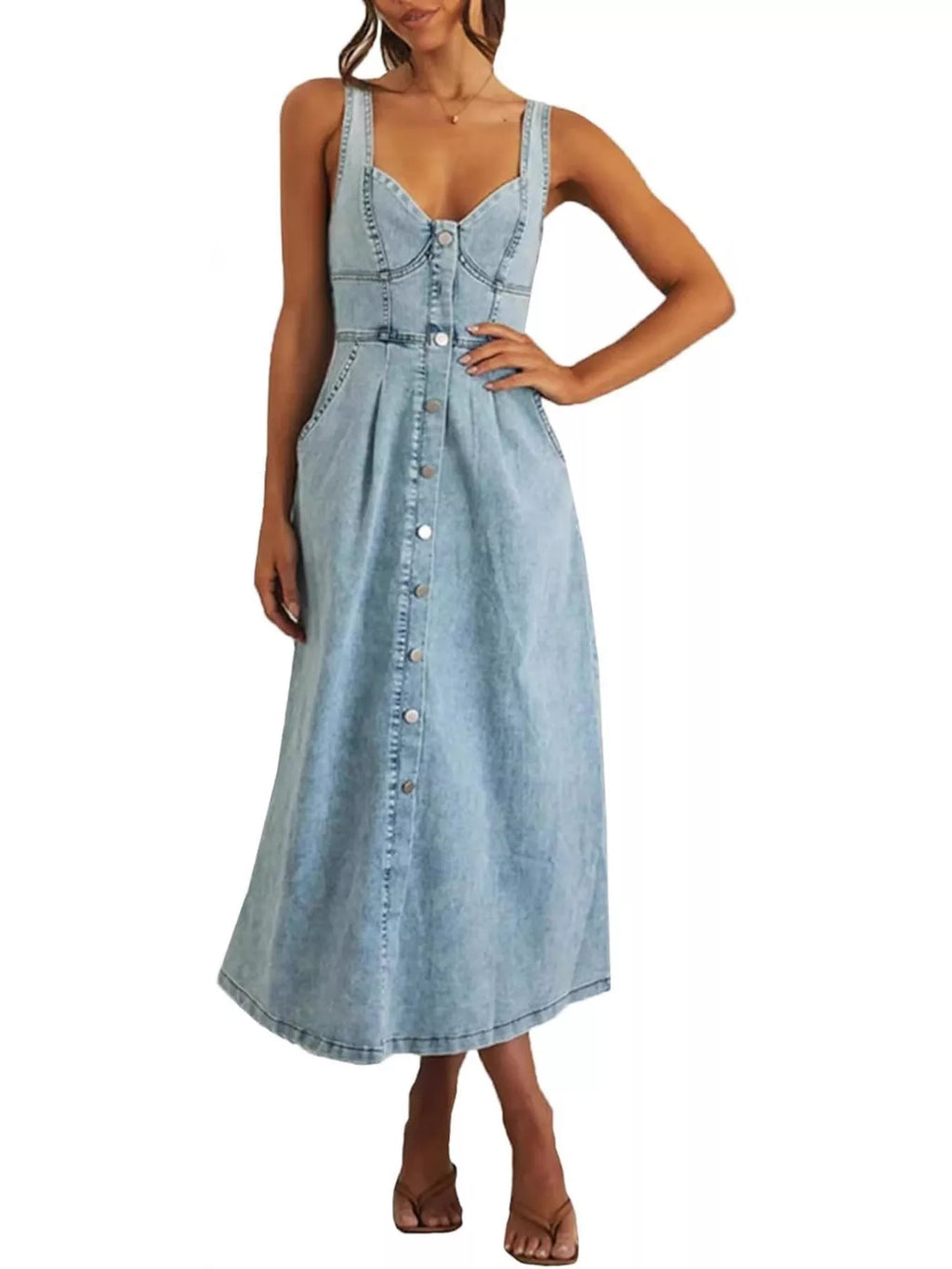 Smocked Back Button Front Denim Midi Dress