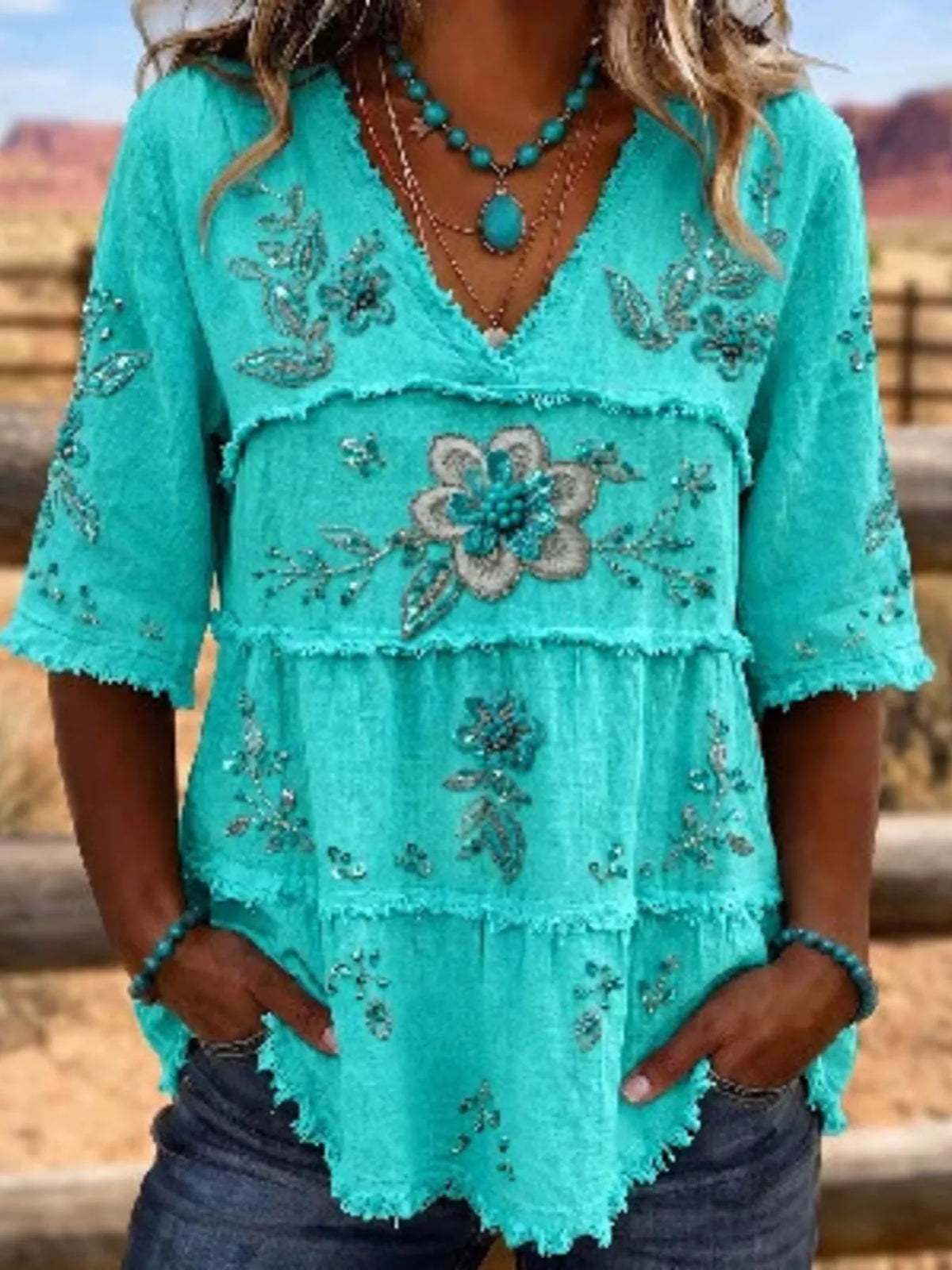 Full Size Floral Raw Hem V-Neck Blouse Plus Size
