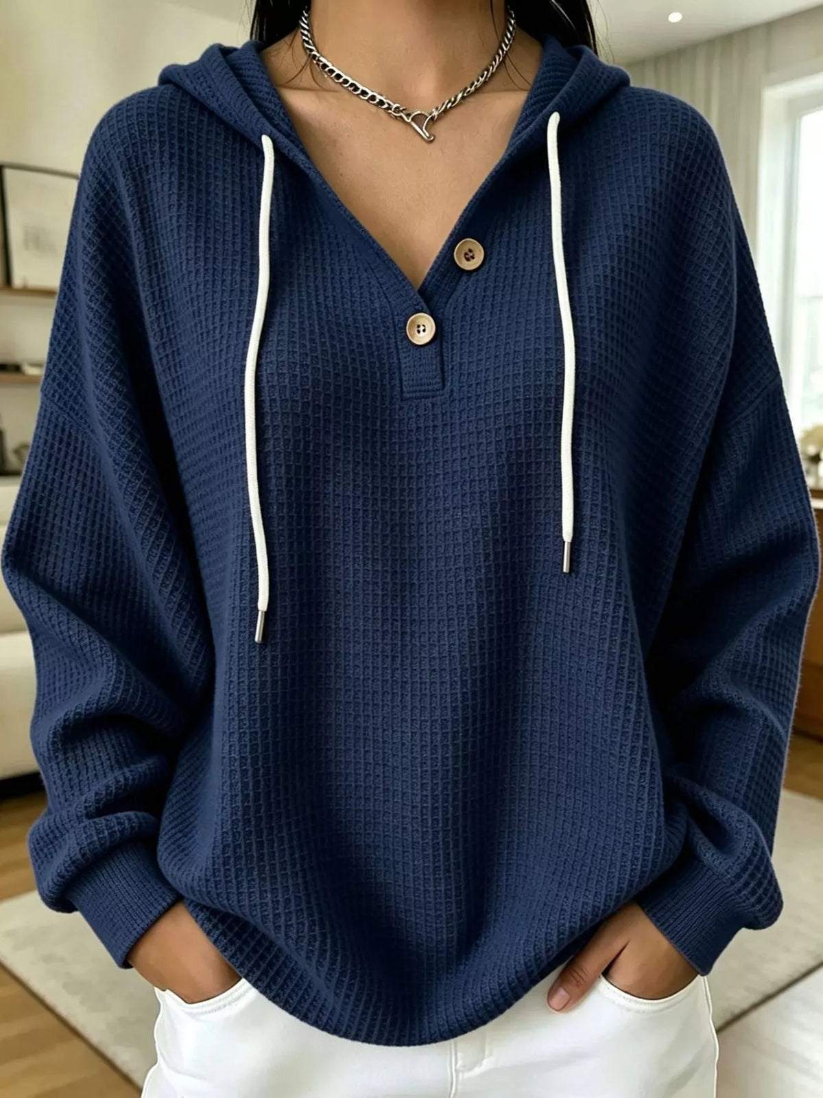 Full Size Waffle Knit Button Detail Hoodie Plus Size