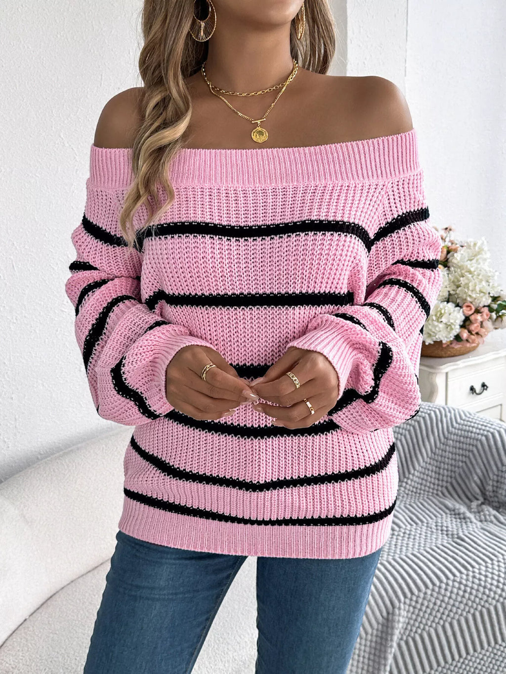 Off-Shoulder Striped Contrast Sweater