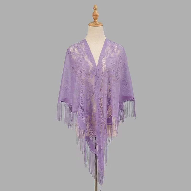 Womens Breathable Lace Triangle Shawl With Floral Design