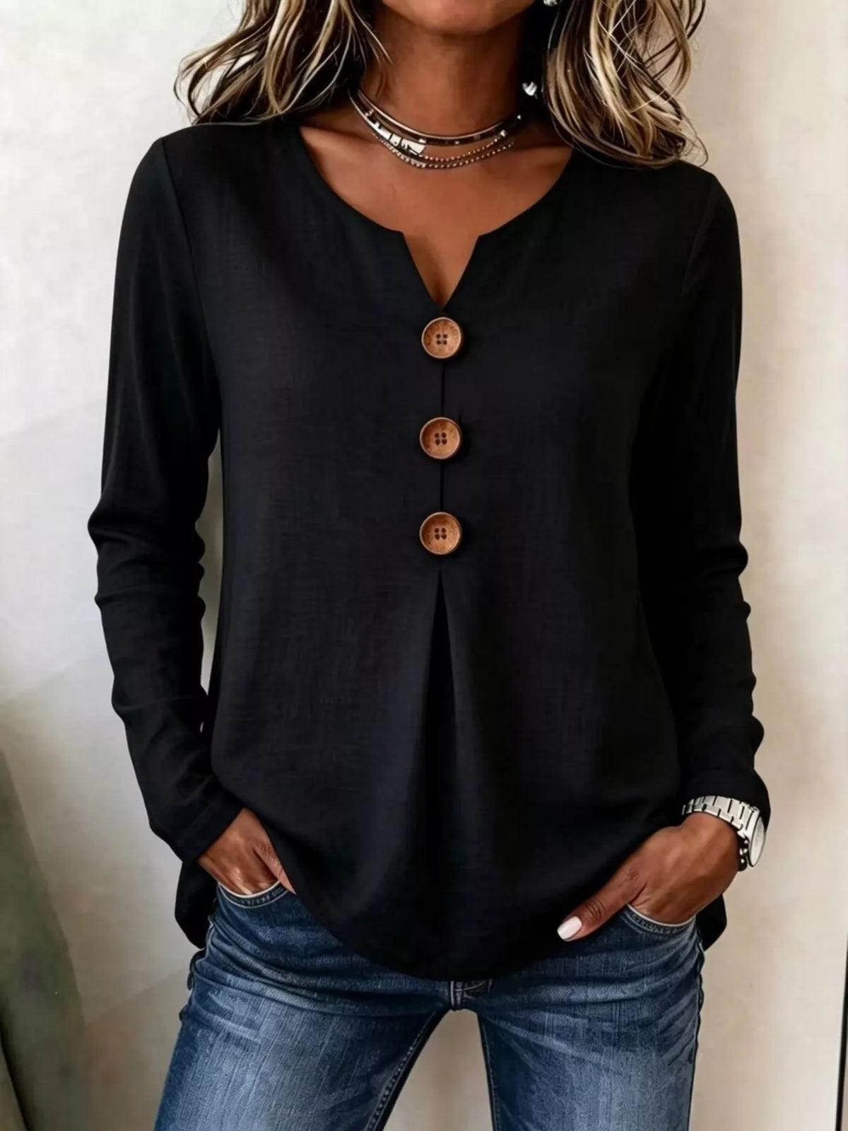 Full Size Decorative Button Long Sleeve Blouse Plus Size