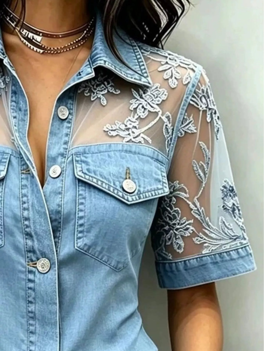 Full Size Denim Look Lace Short Sleeve Shirt Plus Size