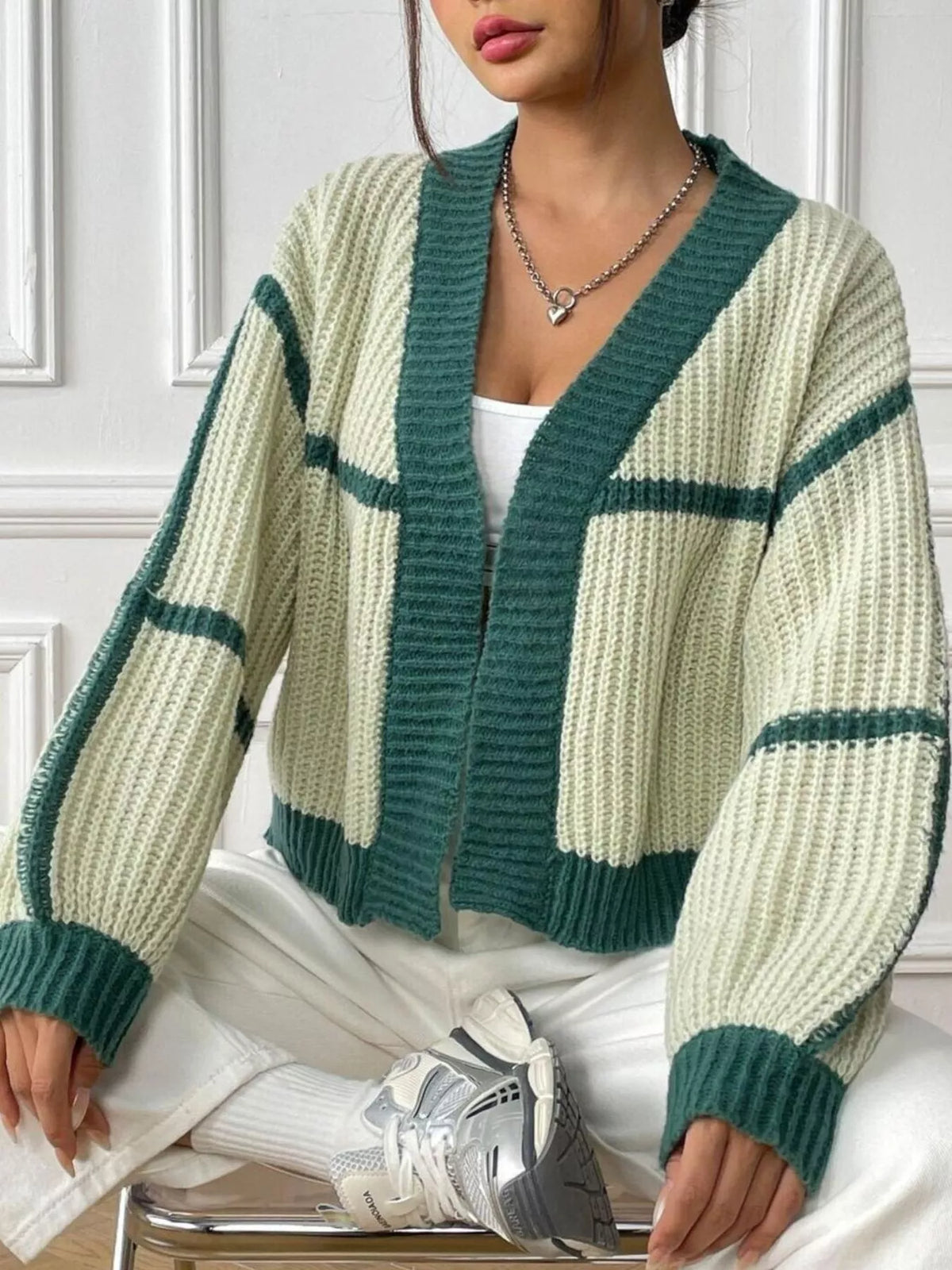 Color-Block Ribbed Knit Open-Front Cropped Cardigan