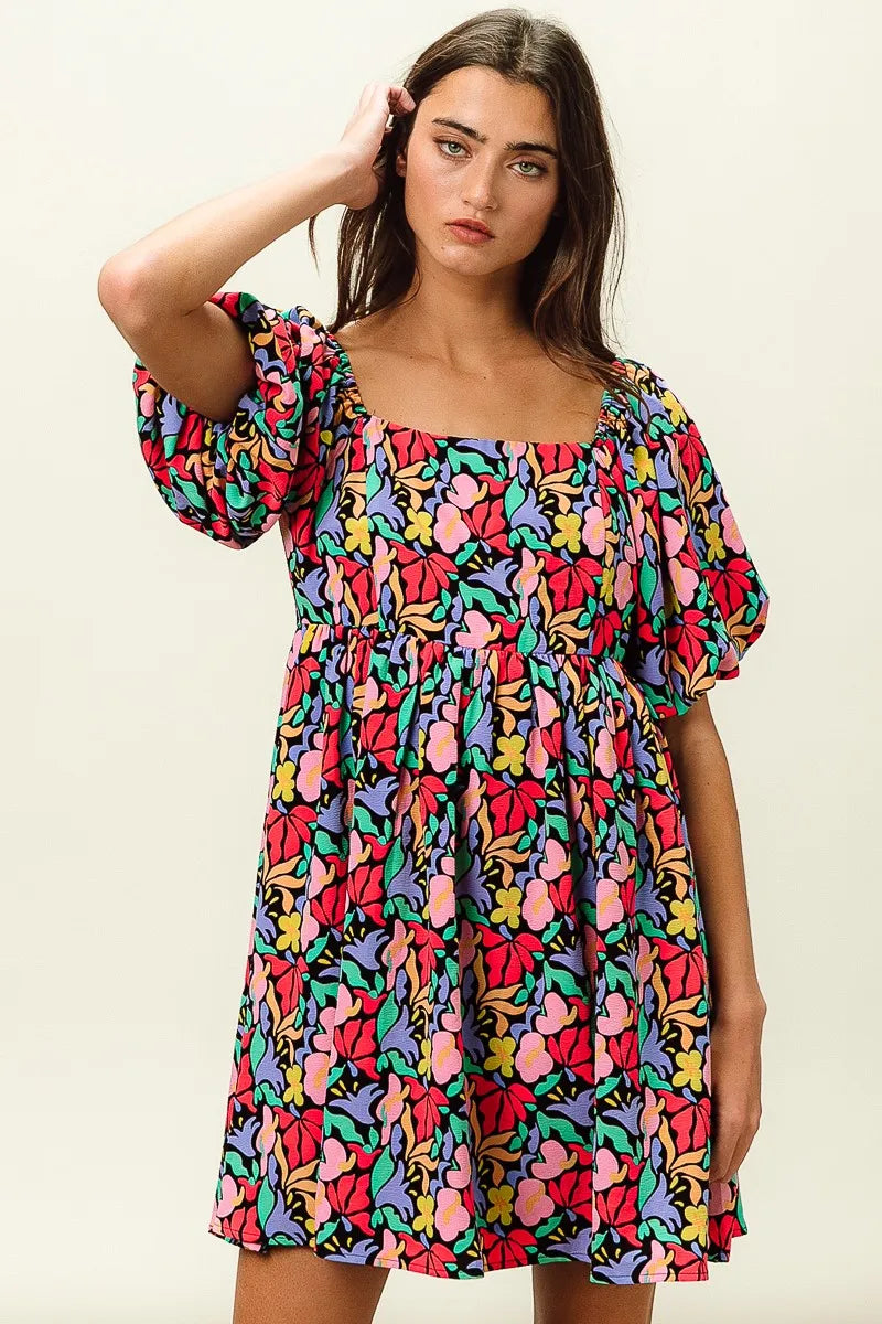 BiBi Floral Print Puff Square Neck Dress