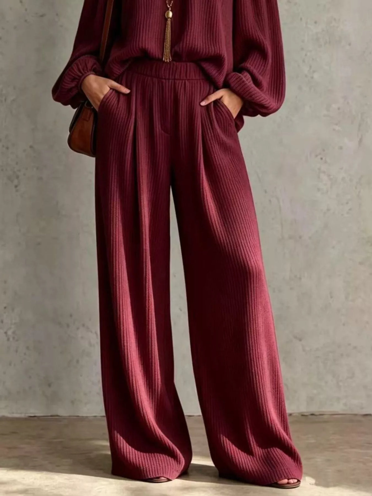 Off-Shoulder Crisscross Cutout Ribbed Knit Top and Wide-Leg Pants Set
