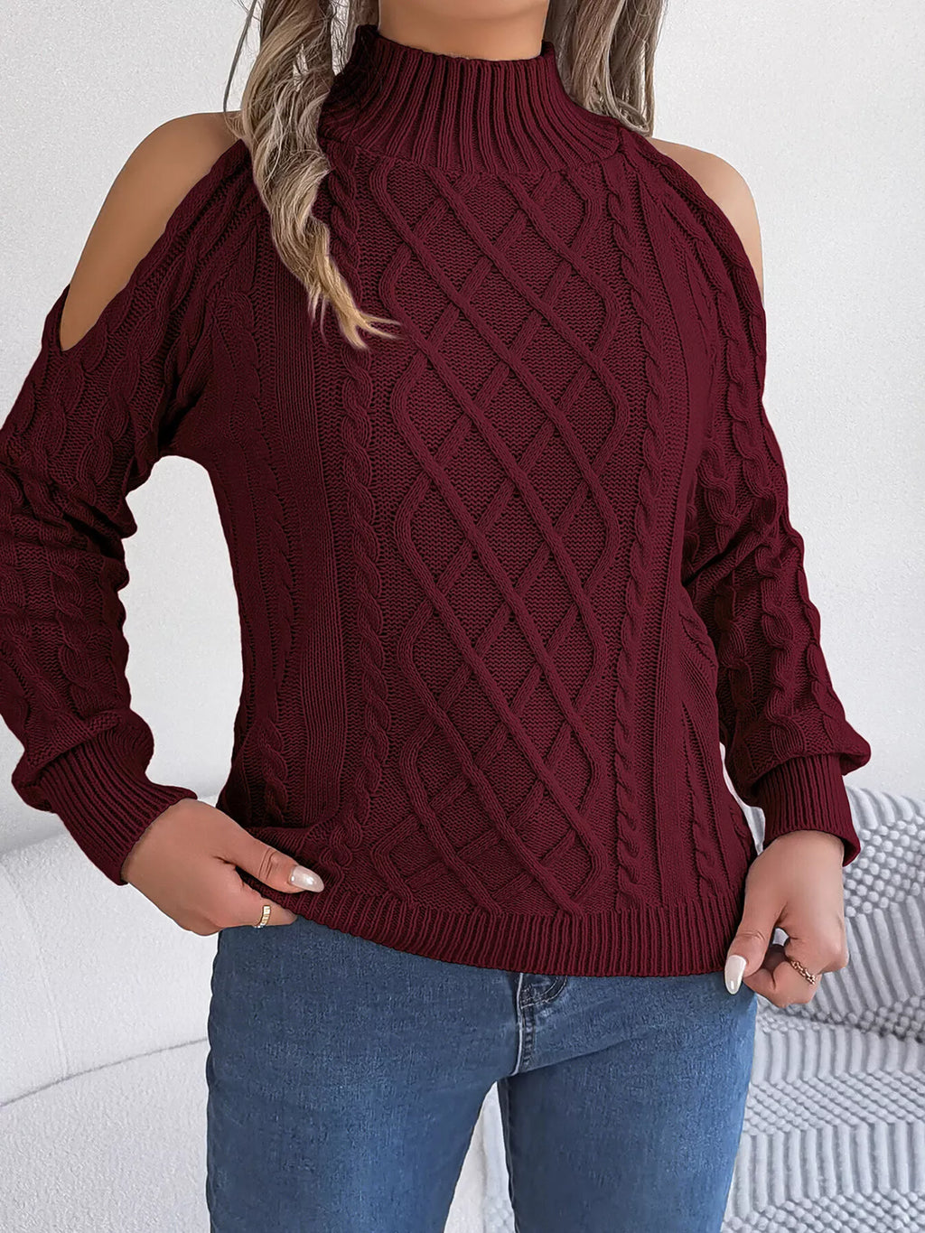 Cold-Shoulder Cable Knit Sweater