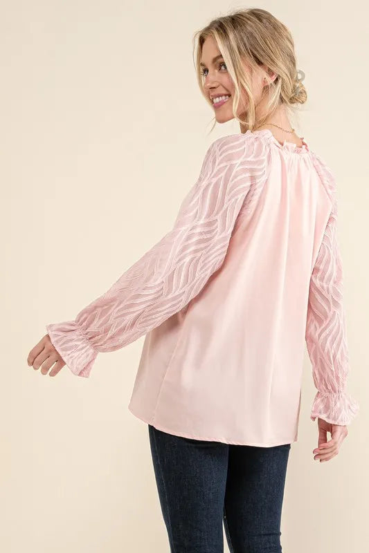 And The Why Leaves Shape Textured Sleeve Blouse